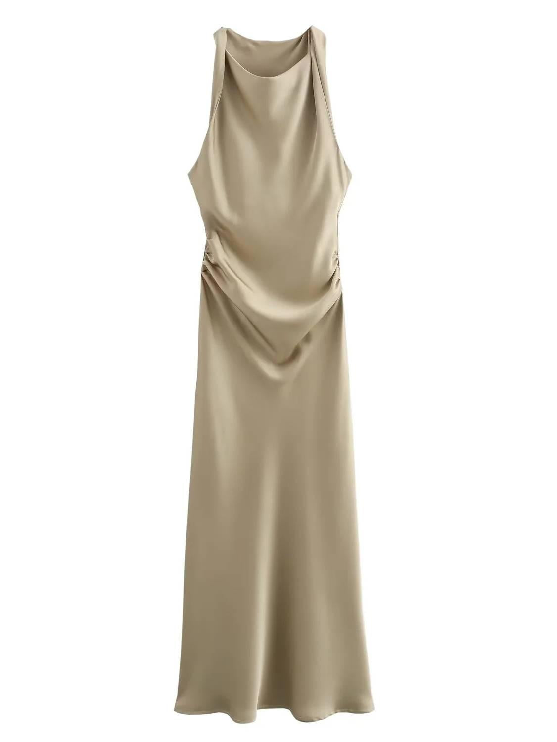 Aurohaya Sleeveless Satin Maxi Dress Khaki