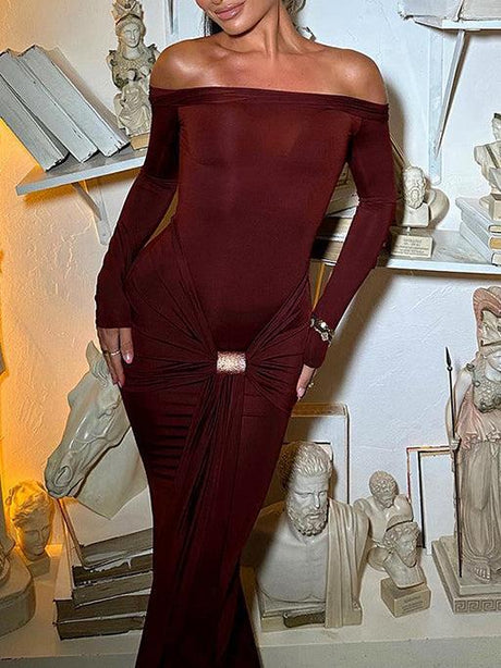 Aurohaya One-Shoulder Strappy Long-sleeved Slim Fit Wrap Dress