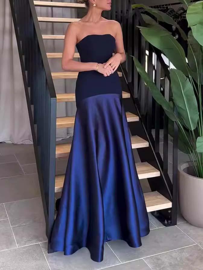 Aurohaya Elegant Satin One-Shoulder A-Line Maxi Dress Blue