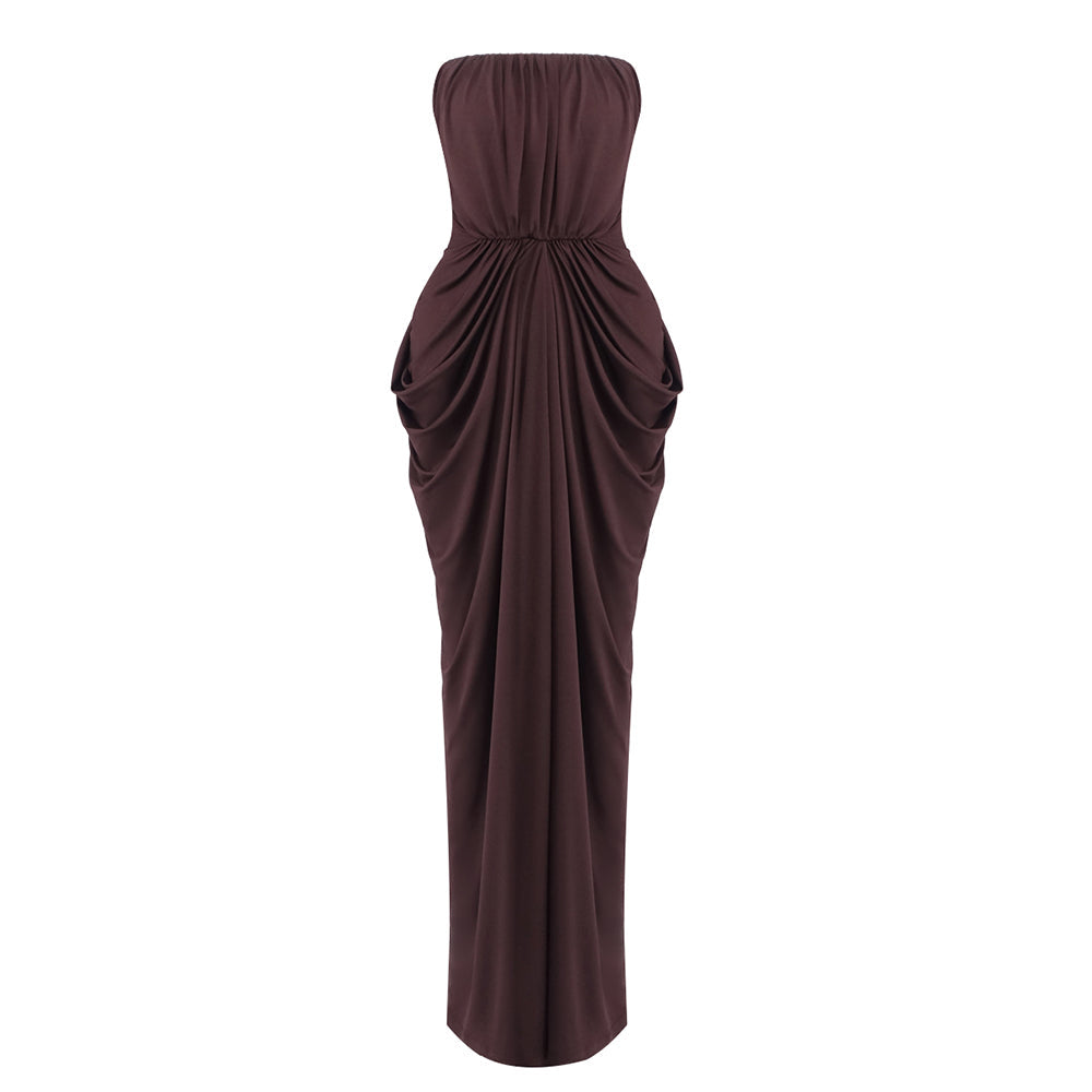 Aurohaya Iphigénie Strapless Draped Maxi Dress Dark Brown