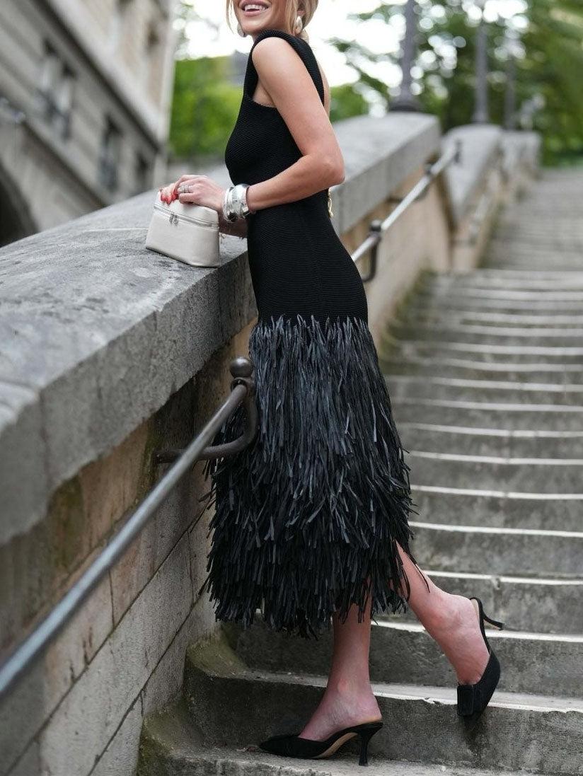 Aurohaya Elegant Raffia Fringed Midi Dress