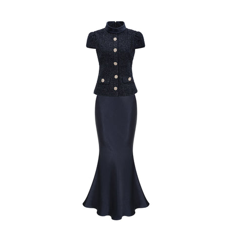Aurohaya Josette blue peplum-waist panelled maxi dress