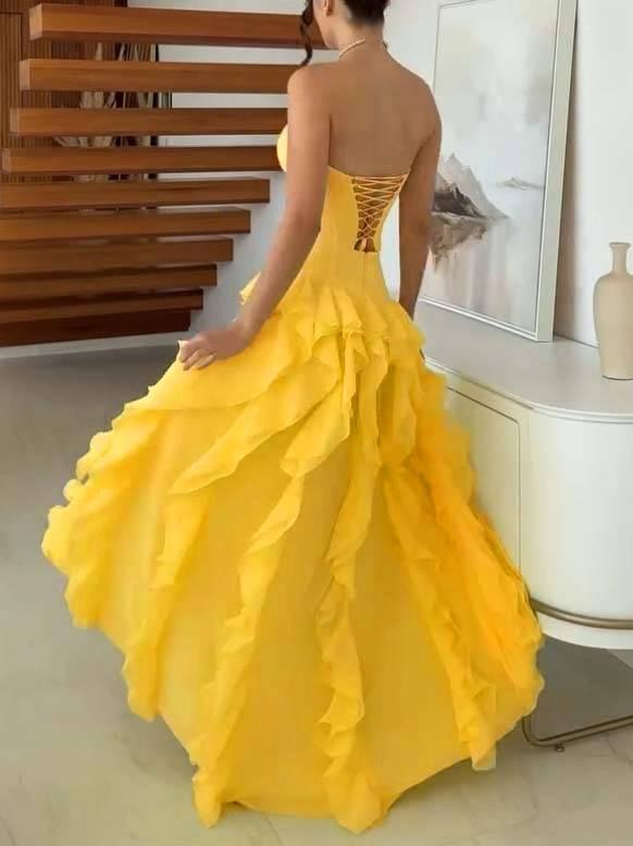 Aurohaya Tube Top Multi-layer Ruffled Side Slit Maxi Dress