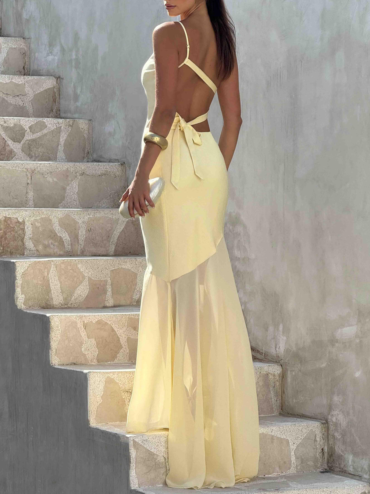 Aurohaya Elegant One Shoulder Sheer Hem Maxi Dress