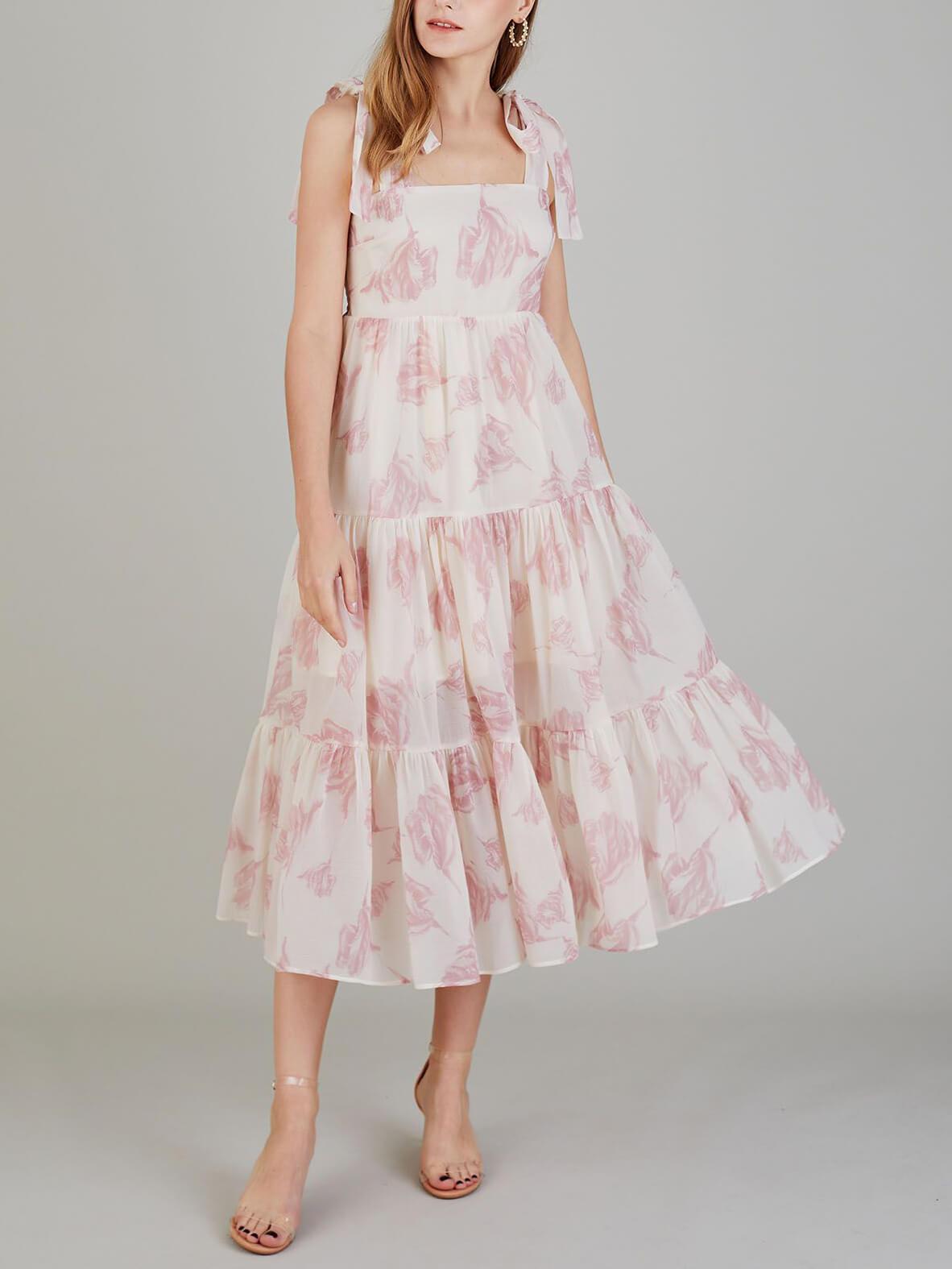 Aurohaya Unique Retro Fashion Sunshine Floral Print Lace-up Midi Dress