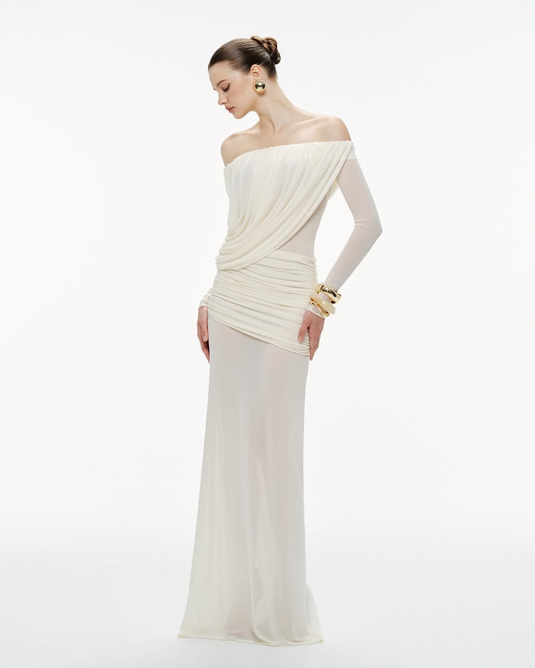 Aurohaya Apolline Off-Shoulder Draped Evening Maxi Dress