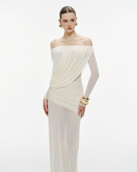 Aurohaya Apolline Off-Shoulder Draped Evening Maxi Dress