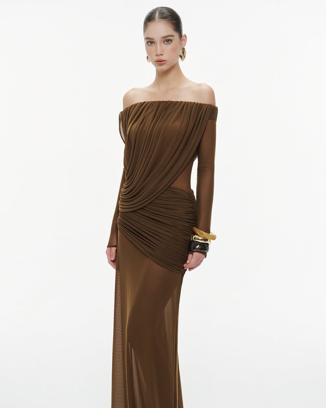 Aurohaya Apolline Off-Shoulder Draped Evening Maxi Dress