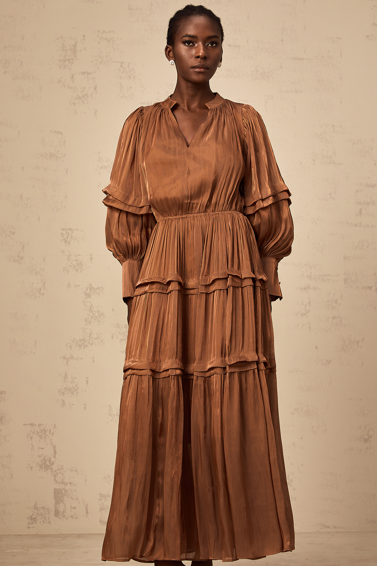 Aurohaya Emma brown ruffled-trim tiered maxi dress
