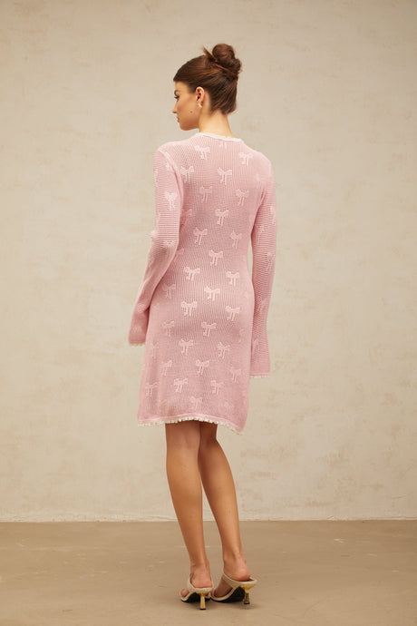 Aurohaya Marjolaine pink embellished crochet-knit mini dress