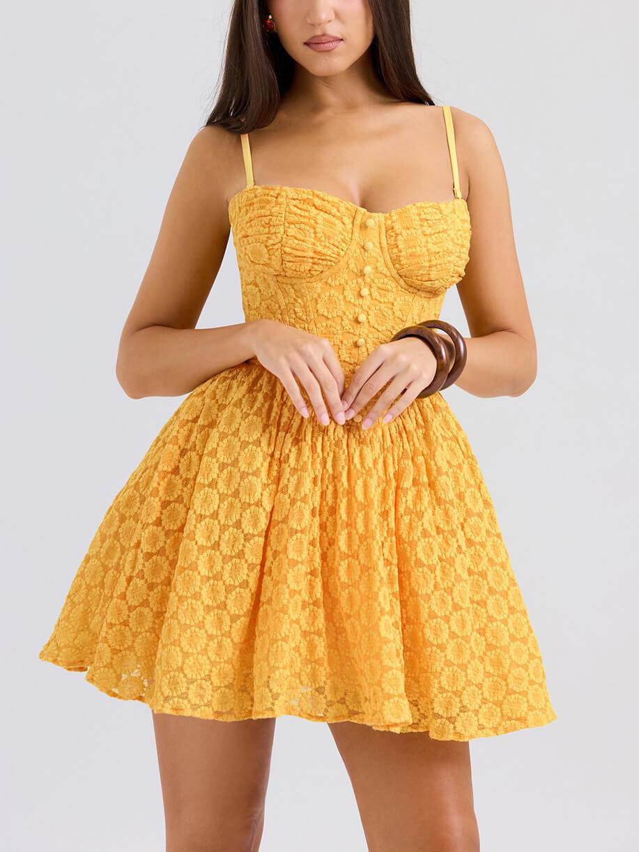 Aurohaya Vintage Lace Sexy Strap Mini Dress Yellow