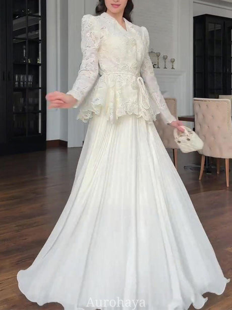 Aurohaya Long Sleeve Maxi Dress Set — Lace Peplum Top & Flowing Skirt