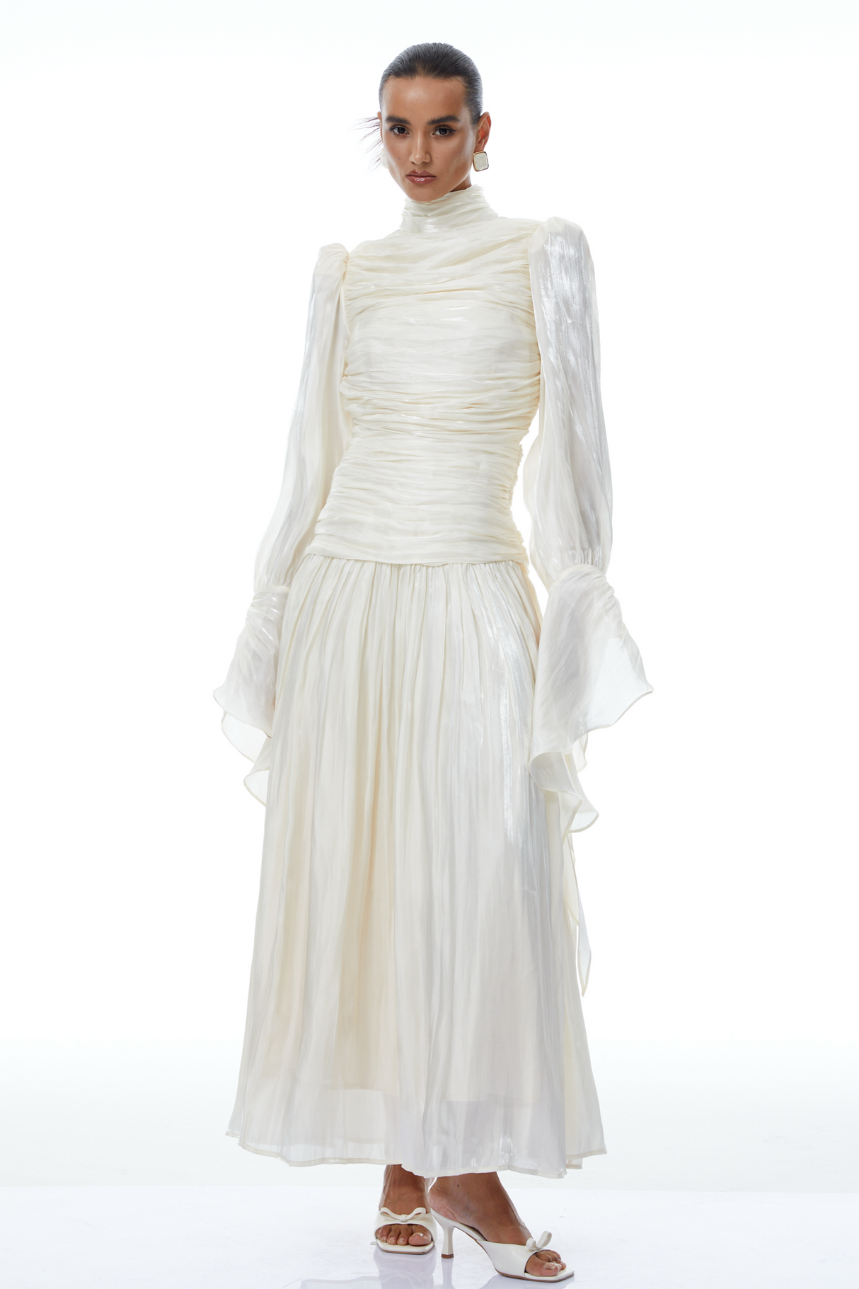 Aurohaya Sarolta Neutral Glossy Ruched Maxi Dress