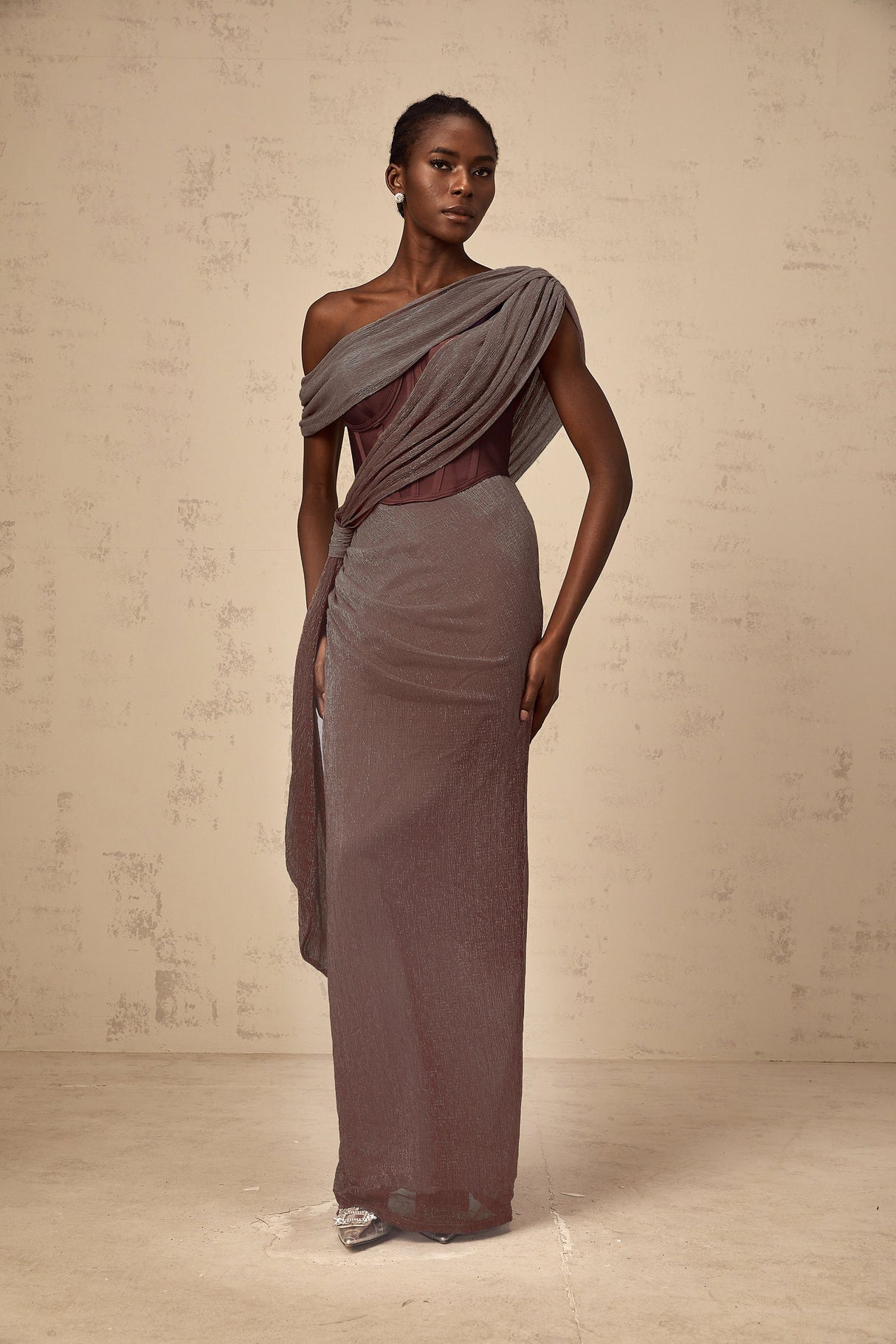 Aurohaya Delphine ribbon-design corset maxi dress in Brown