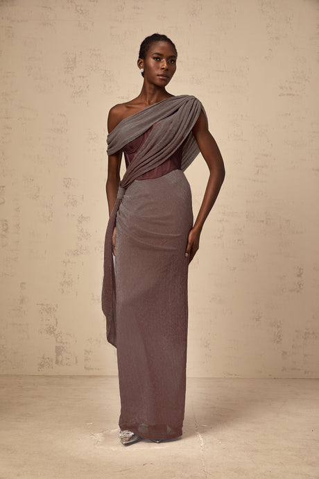 Aurohaya Delphine ribbon-design corset maxi dress in Brown