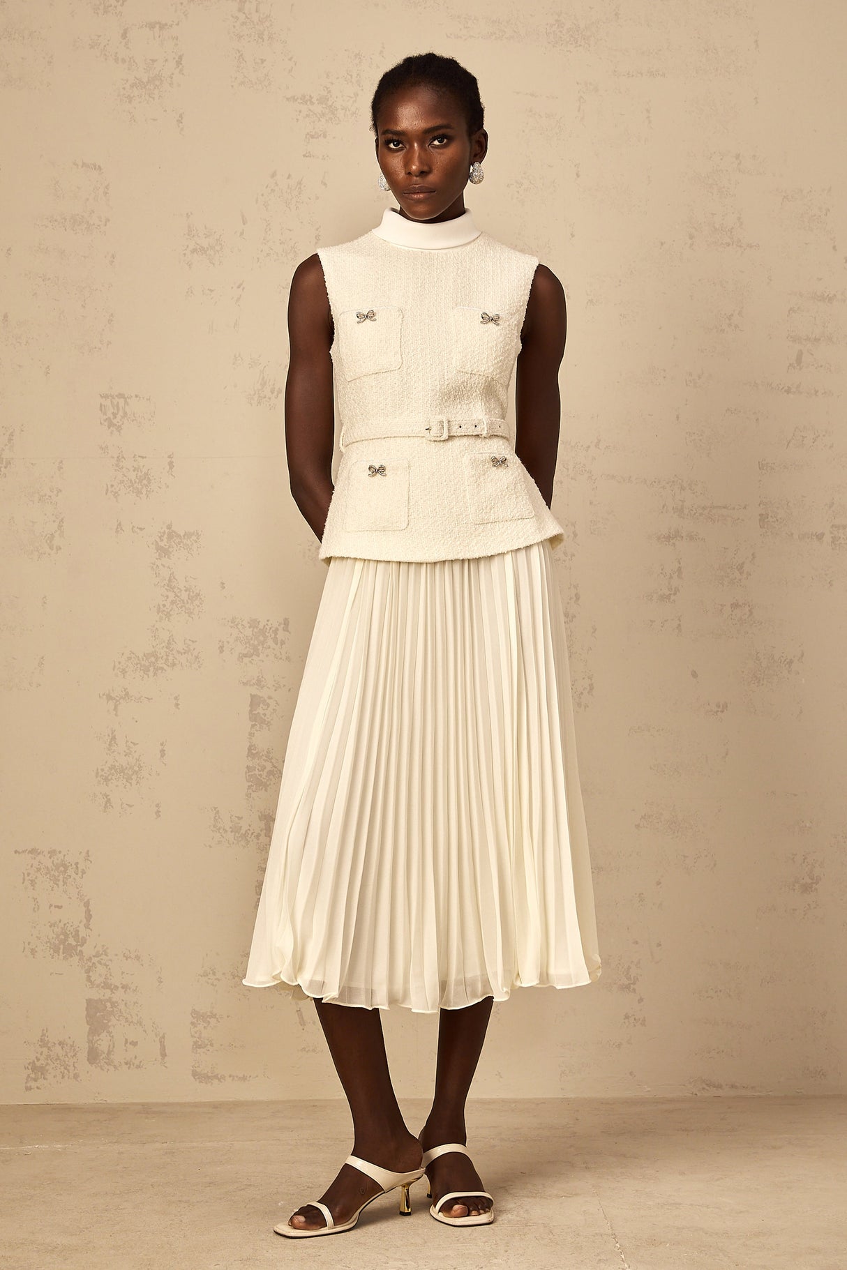 Aurohaya Dulcie Off-White Tulle Panel Tweed Midi Dress