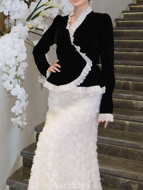 Aurohaya Velvet Ruffle Evening Dress Set — Peplum Blazer & Floral Mermaid Skirt