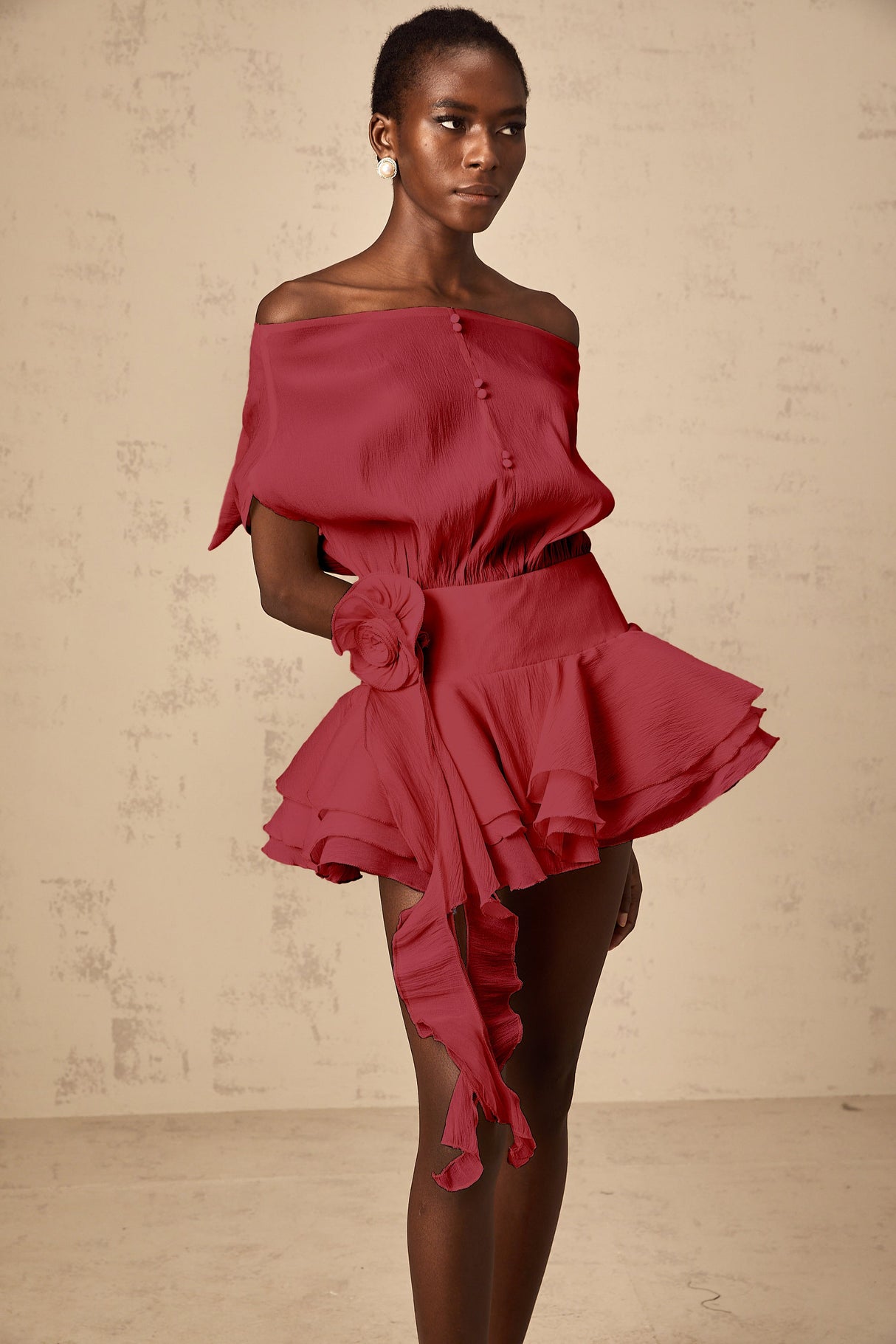 Aurohaya Amélie Red Floral Appliqué Flounced Mini Dress