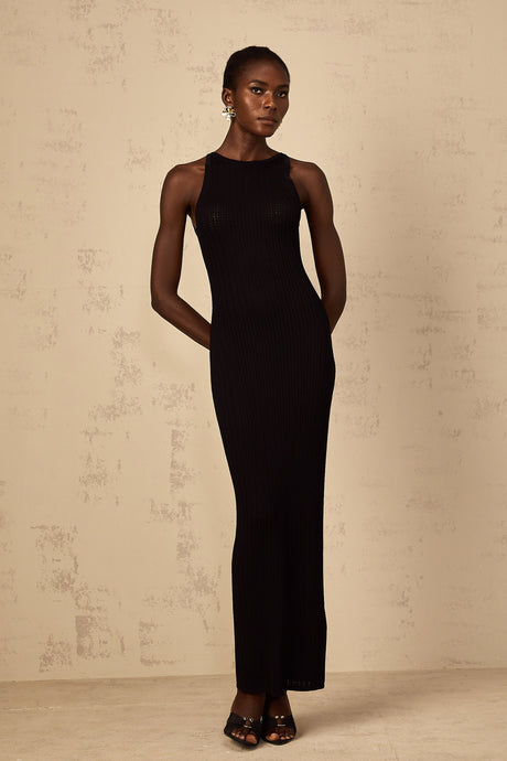 Aurohaya Déotille black fitted ribbed-knit maxi dress