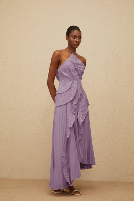 Aurohaya Doux Purple Ruffled Trim Pleated Midi Dress