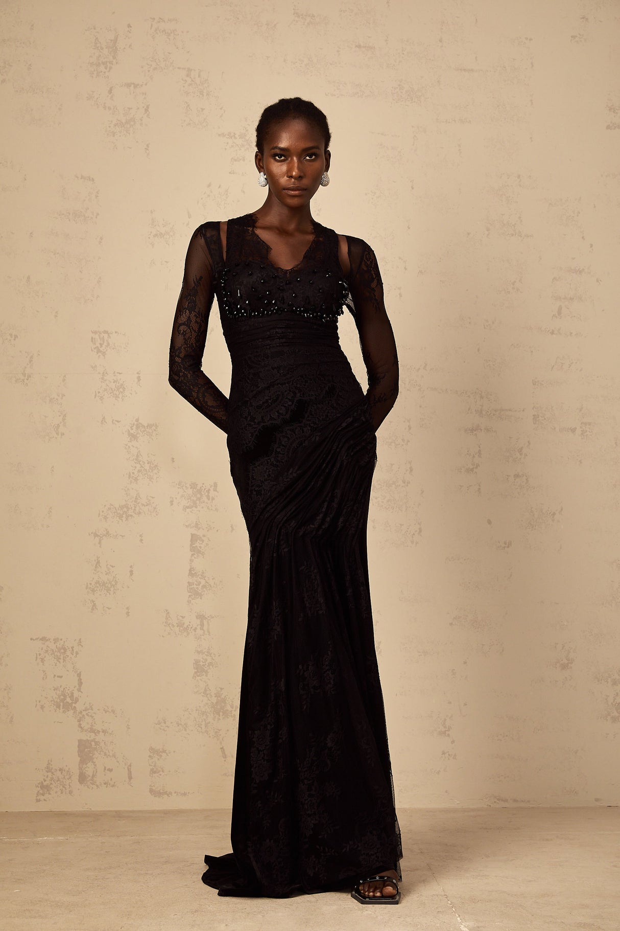 Aurohaya Ursula black floral-lace mermaid maxi dress