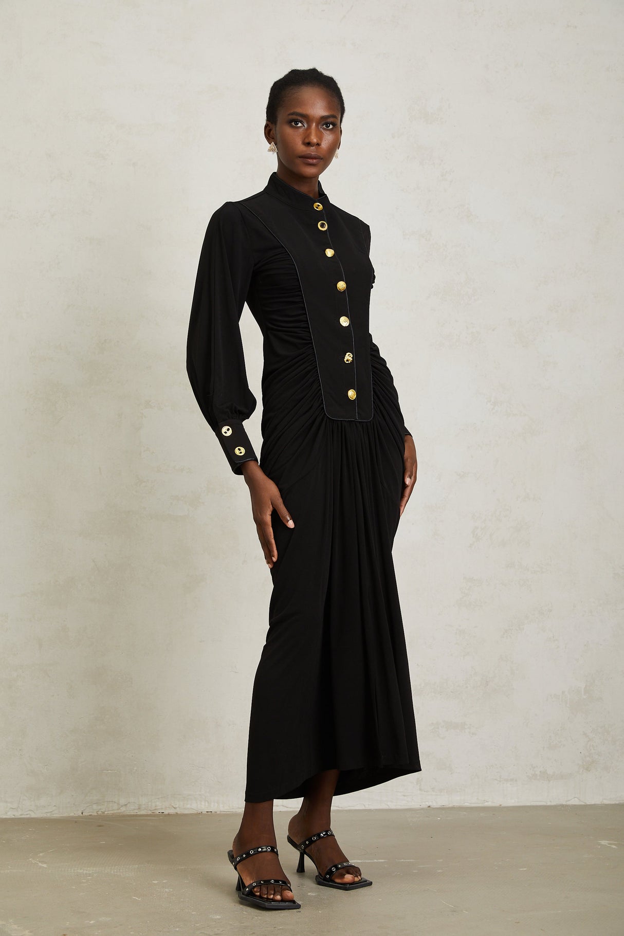 Aurohaya Brooklyn Black Gathered Draped Maxi Dress