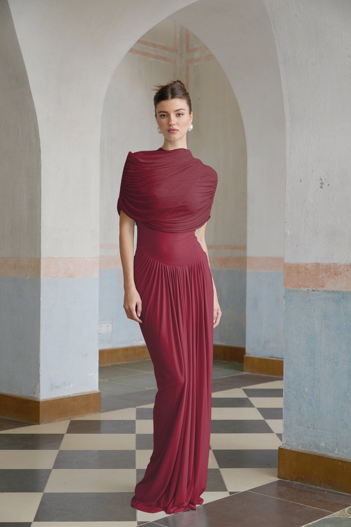 Aurohaya Catherine asymmetrical pleated maxi dress in Red