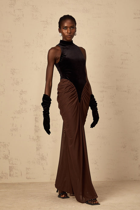Aurohaya Mathilde brown velvet-panel ruched maxi dress