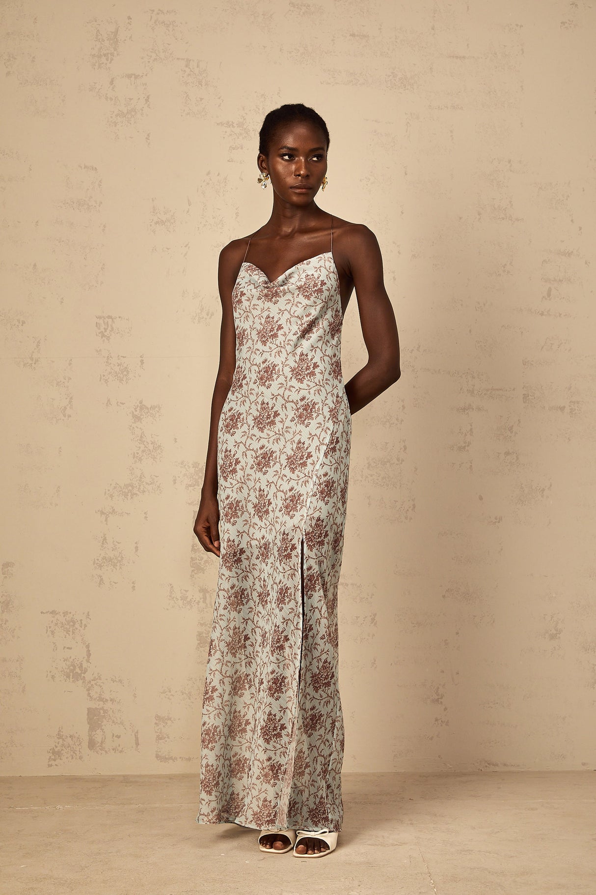 Aurohaya Honorine Blue Sleeveless Floral Print Maxi Dress