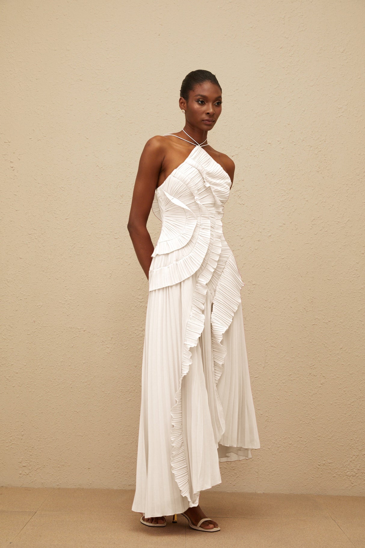 Aurohaya Doux White Ruffled Trim Pleated Midi Dress