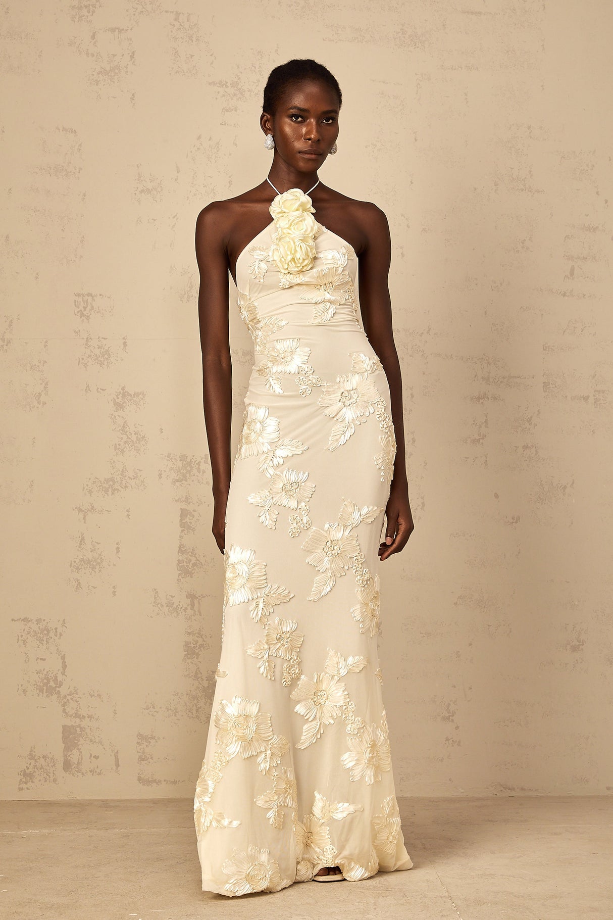 Aurohaya Melanie Neutrals Embroidered Halterneck Maxi Dress