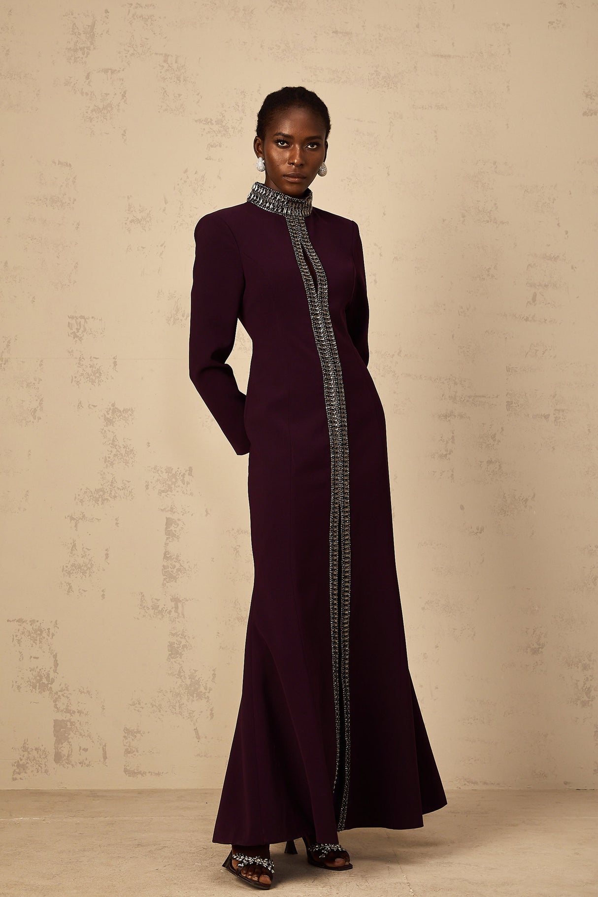 Aurohaya Maëlie Burgundy Embellished Flared Maxi Dress