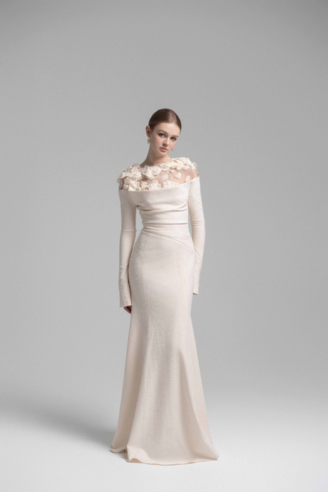 Aurohaya Silvia White Floral Appliqué Off-Shoulder Gown