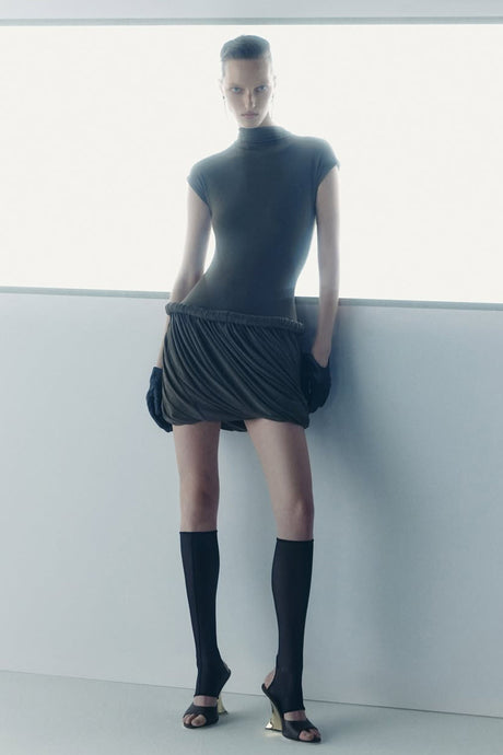 Aurohaya Fleur Grey Ruched Bubble Hem Mini Dress