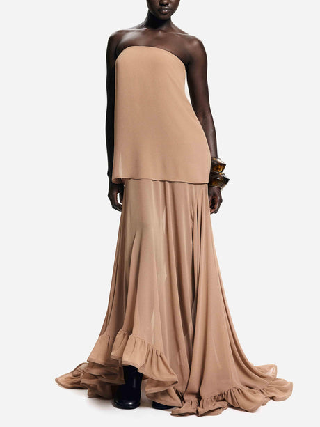 Aurohaya Elegant Fluffy Halter Ruffle Maxi Dress Nude