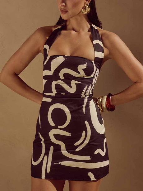 Aurohaya Abstract Print Statement Halter Neck Mini Dress Black