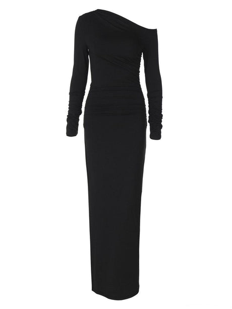 Aurohaya Solid Color Off-shoulder Long-sleeved Maxi Dress