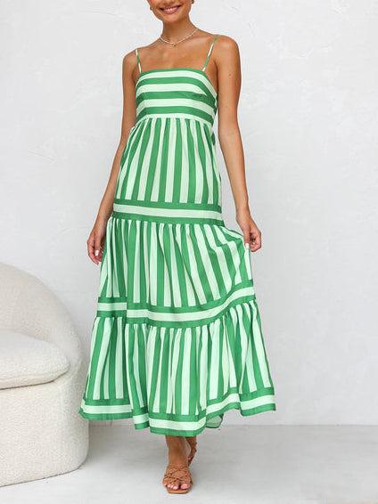 Aurohaya Suspender Open Back Striped Positioning Print Pocket Midi Dress Green