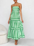 Aurohaya Suspender Open Back Striped Positioning Print Pocket Midi Dress Green