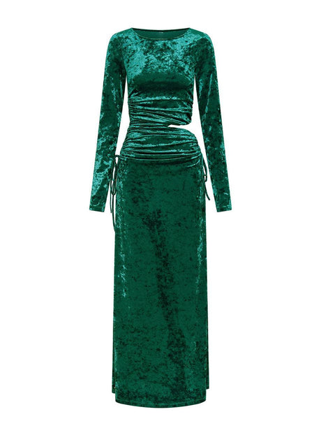 Aurohaya Modern Cutout Shirred Diamond Velvet Maxi Dress