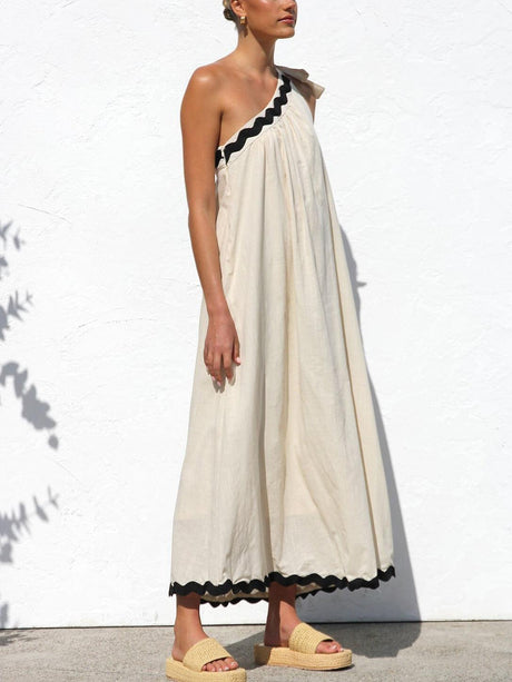 Aurohaya Classic Contrast Lace One-shoulder Spaghetti Strap Midi Dress