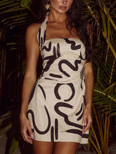 Aurohaya Abstract Print Statement Halter Neck Mini Dress White