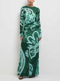 Aurohaya Unique Abstract Eye-catching Print Stretch Mesh Maxi Dress Green