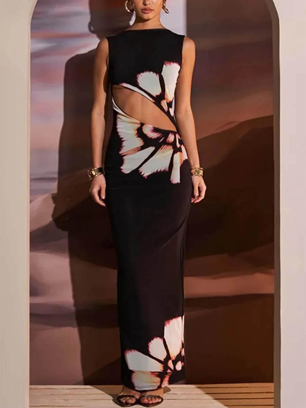 Aurohaya Classic Floral Print Open Waist Maxi Dress Black