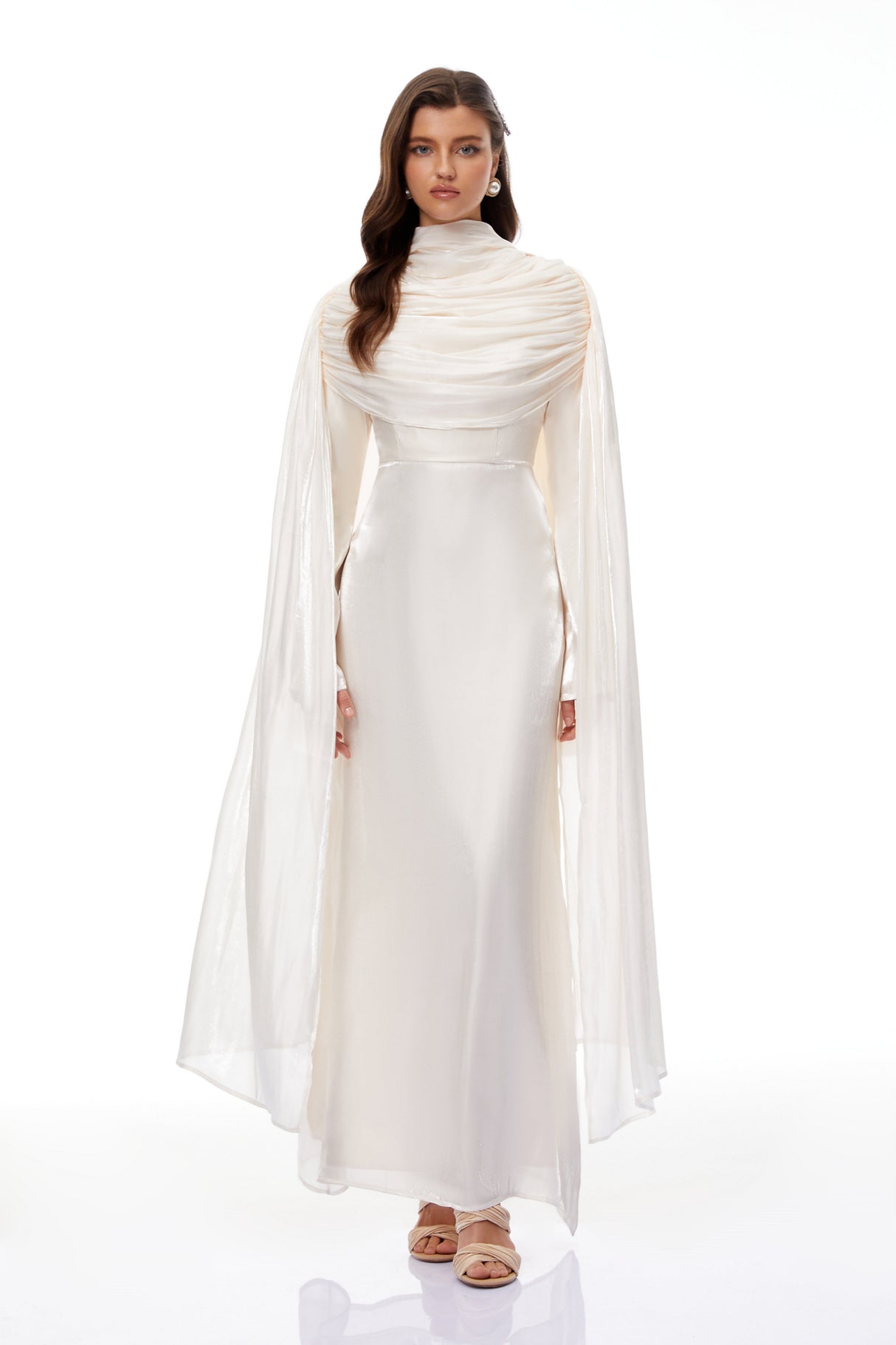 Aurohaya Hege Cream Glossy Ruched Cape Maxi Dress