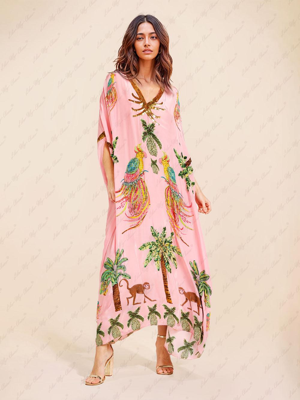 Aurohaya Unique Drop Shoulder Sleeve Coconut Tree Printed Dress Pink