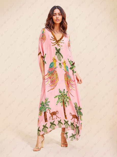 Aurohaya Unique Drop Shoulder Sleeve Coconut Tree Printed Dress Pink