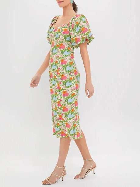 Aurohaya Bubble-Sleeve Floral Dress