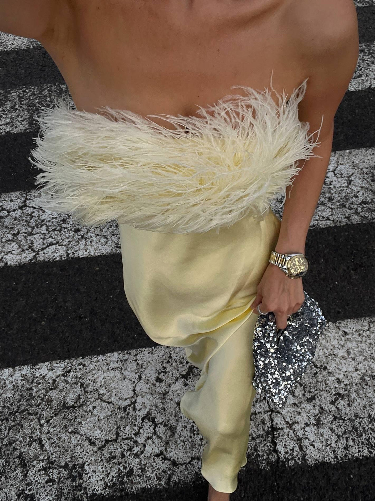 Aurohaya Light Luxury Feather Tube Top Maxi Dress