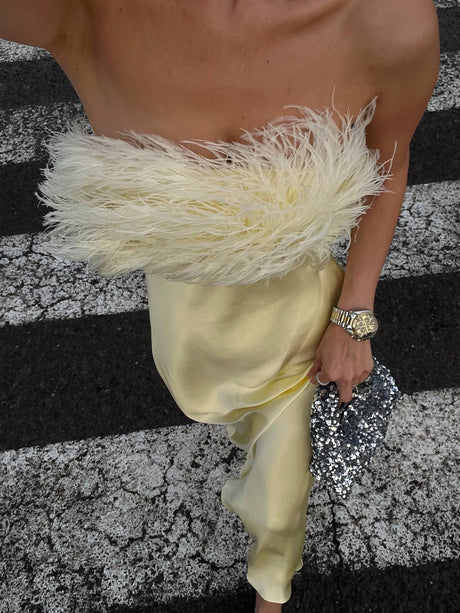 Aurohaya Light Luxury Feather Tube Top Maxi Dress